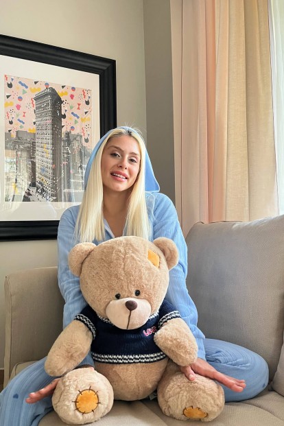 Mavi Your Dream Desenli Kapşonlu Peluş Polar Pijama Takımı - 2