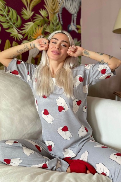 Medve Baskılı Kısa Kollu Kadın Pijama Takımı - 1