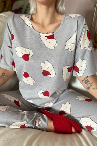 Medve Baskılı Kısa Kollu Kadın Pijama Takımı - 4