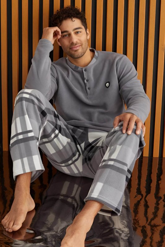 Melanj Ekose Desenli Polar Erkek Pijama Takımı - Pijamaevi