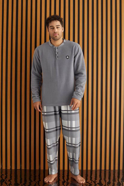 Melanj Ekose Desenli Polar Erkek Pijama Takımı - 2