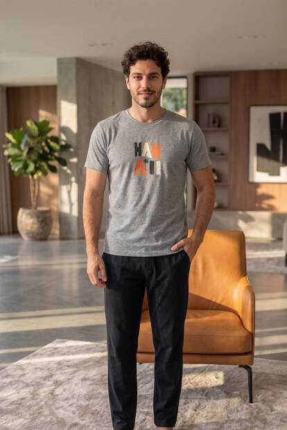 Melanj Hawai Desenli Kısa Kollu Erkek Pijama Takımı - 6