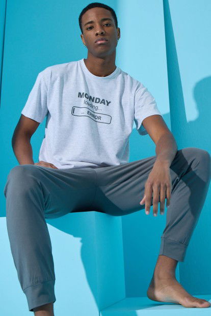 Melanj Monday Baskılı Kısa Kollu Paça Manşetli Erkek Pijama - 1
