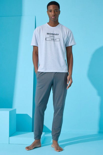 Melanj Monday Baskılı Kısa Kollu Paça Manşetli Erkek Pijama - 3