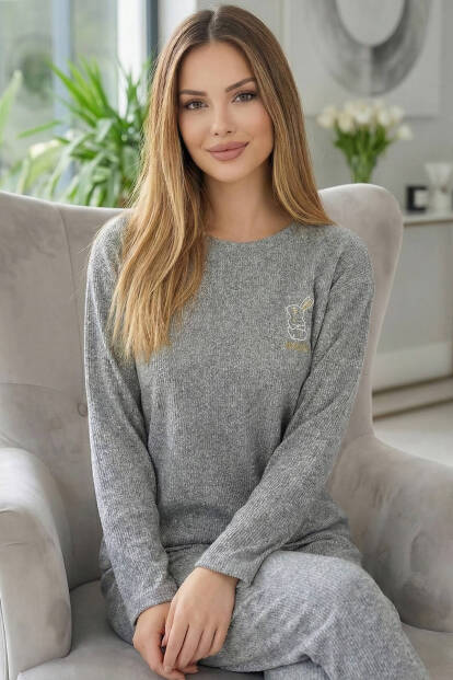 Melanj Rabbit Desenli Uzun Kollu Seul Örme Kadın Pijama Takımı 