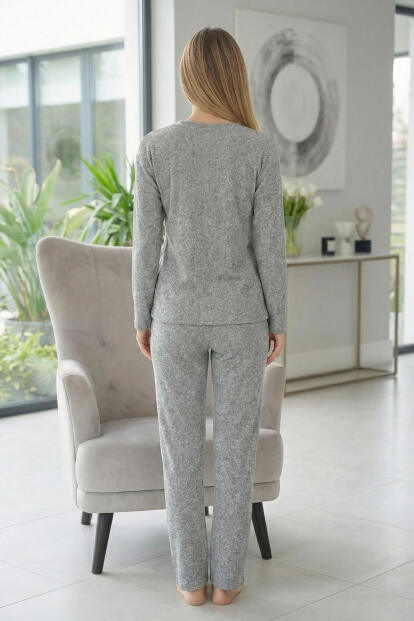 Melanj Rabbit Desenli Uzun Kollu Seul Örme Kadın Pijama Takımı - 6