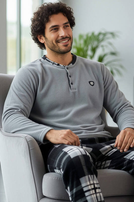 Melanj Siyah Ekose Desenli Polar Erkek Pijama Takımı - Pijamaevi