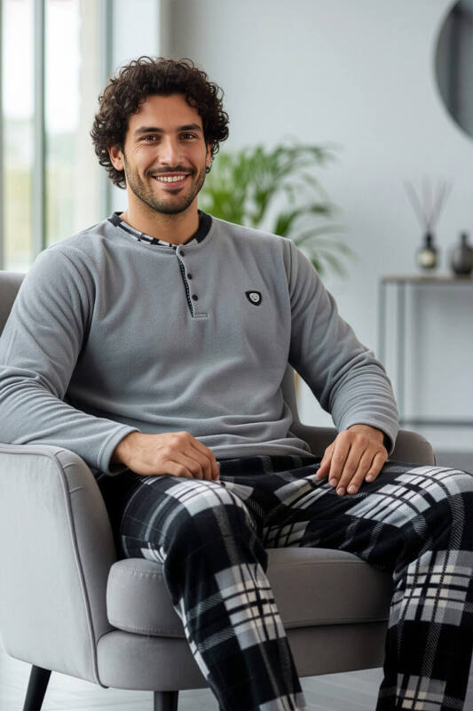 Melanj Siyah Ekose Desenli Polar Erkek Pijama Takımı - Pijamaevi (1)