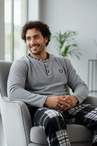 Melanj Siyah Ekose Desenli Polar Erkek Pijama Takımı - 3