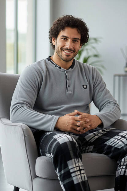 Melanj Siyah Ekose Desenli Polar Erkek Pijama Takımı - 4