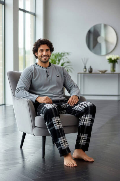 Melanj Siyah Ekose Desenli Polar Erkek Pijama Takımı - 5
