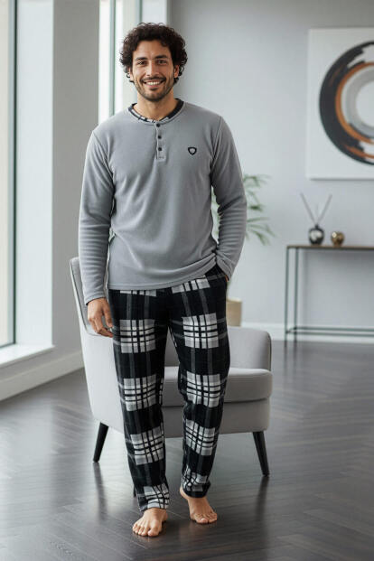 Melanj Siyah Ekose Desenli Polar Erkek Pijama Takımı - 6