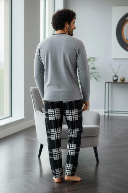 Melanj Siyah Ekose Desenli Polar Erkek Pijama Takımı - 7