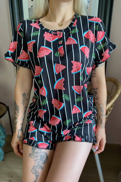 Melon Desenli Örme Kısa Kol Şortlu Pijama Takımı - 3