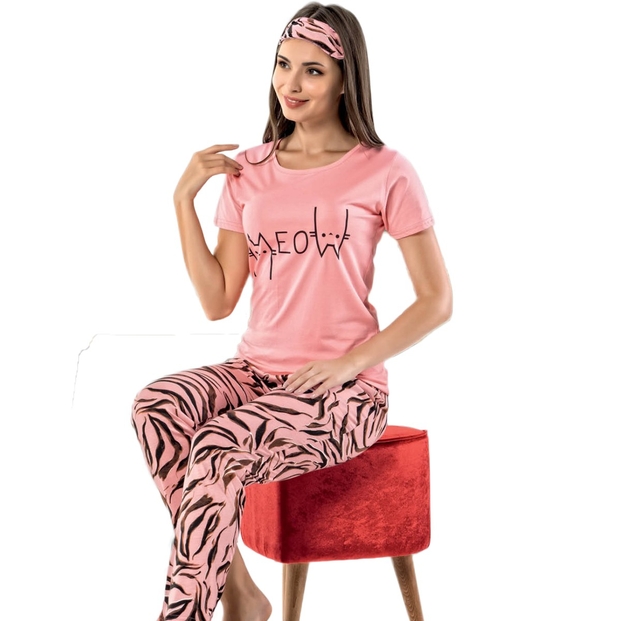 Meow Desenli Kısa Kollu Kadın Pijama Takımı - 1