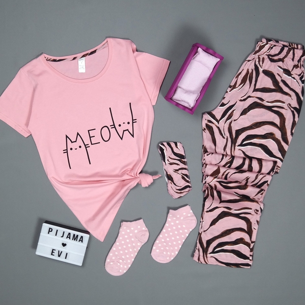 Meow Desenli Kısa Kollu Kadın Pijama Takımı - 2