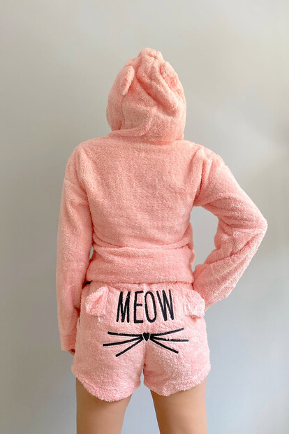 Meow Desenli Şortlu Tam Peluş Pijama Takımı - 4