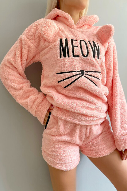 Meow Desenli Şortlu Tam Peluş Pijama Takımı - 5