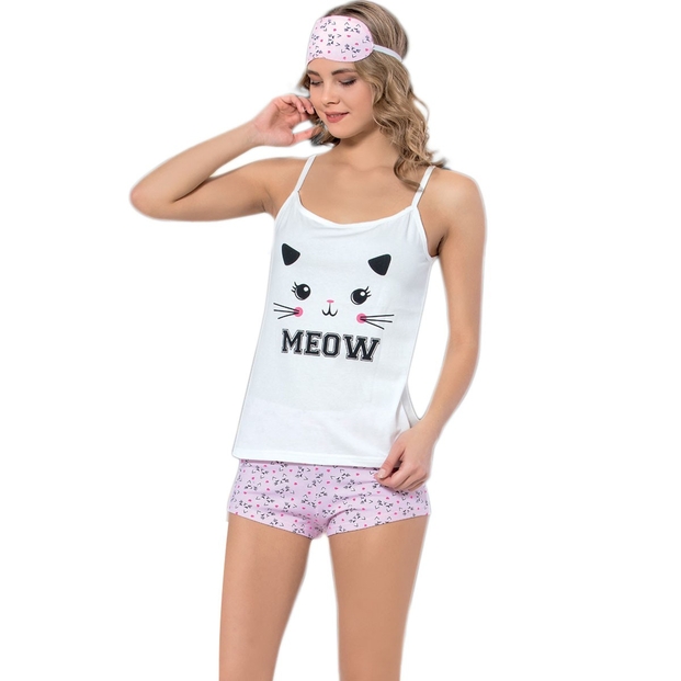 Meow Desenli Şortlu Yazlık Bayan Pijama Takımı - 1