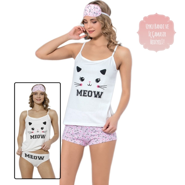 Meow Desenli Şortlu Yazlık Bayan Pijama Takımı - 3