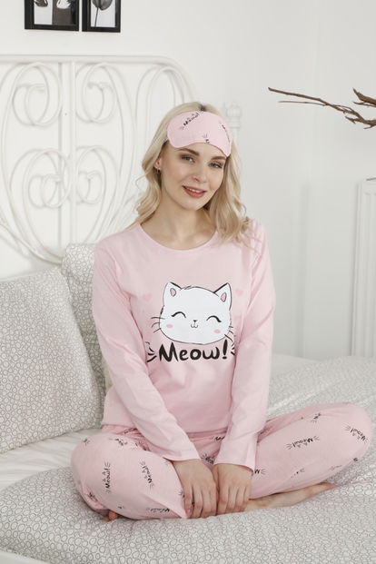 Meow Desenli Uzun Kollu Kadın Pijama Takımı - 1