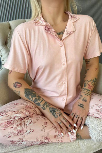 Mercan Florado Exclusive Önden Düğmeli Kısa Kollu Kadın Pijama Takımı - 5