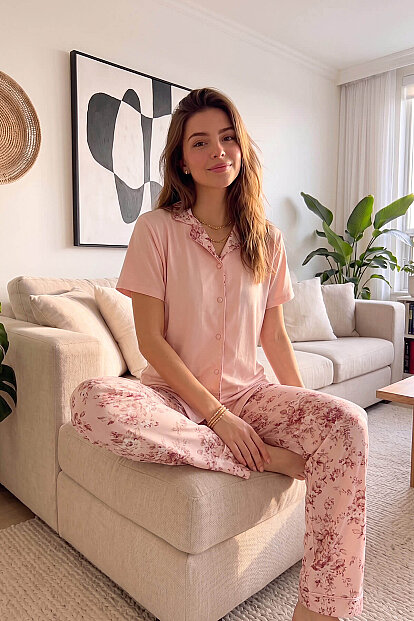 Mercan Florado Exclusive Önden Düğmeli Kısa Kollu Kadın Pijama Takımı - 4