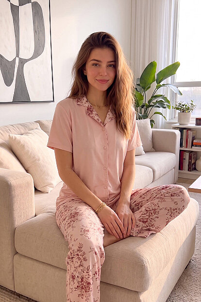 Mercan Florado Exclusive Önden Düğmeli Kısa Kollu Kadın Pijama Takımı - 5