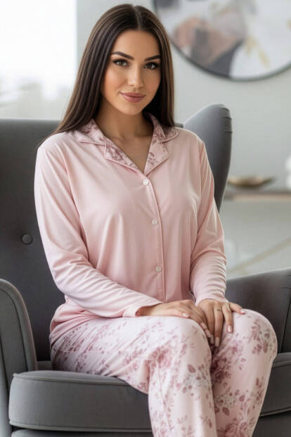 Mercan Florado Exclusive Önden Düğmeli Uzun Kollu Kadın Pijama Takımı 