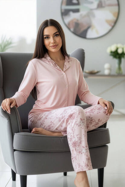 Mercan Florado Exclusive Önden Düğmeli Uzun Kollu Kadın Pijama Takımı - 2