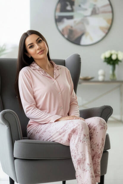 Mercan Florado Exclusive Önden Düğmeli Uzun Kollu Kadın Pijama Takımı - 4
