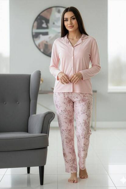 Mercan Florado Exclusive Önden Düğmeli Uzun Kollu Kadın Pijama Takımı - 5