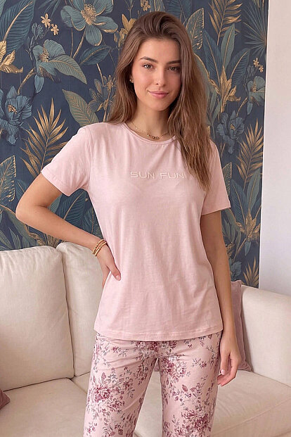 Mercan Sun Desenli Kısa Kollu Örme Kadın Pijama Takımı - 6