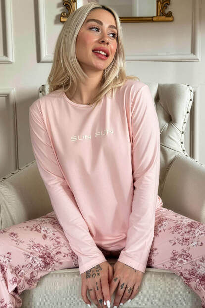 Mercan Sun Desenli Uzun Kollu Bambu Örme Kadın Pijama Takımı 