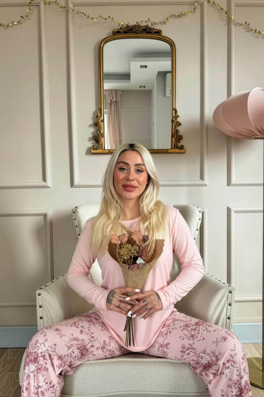 Mercan Sun Desenli Uzun Kollu Bambu Örme Kadın Pijama Takımı - Pijamaevi (2)