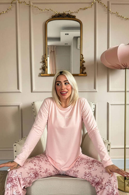 Mercan Sun Desenli Uzun Kollu Bambu Örme Kadın Pijama Takımı - Pijamaevi (3)