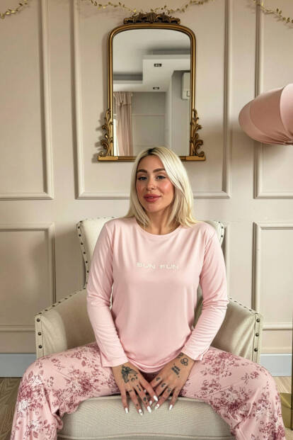 Mercan Sun Desenli Uzun Kollu Bambu Örme Kadın Pijama Takımı - 5