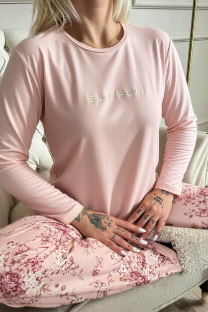 Mercan Sun Desenli Uzun Kollu Bambu Örme Kadın Pijama Takımı - 6