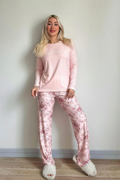 Mercan Sun Desenli Uzun Kollu Bambu Örme Kadın Pijama Takımı - 7