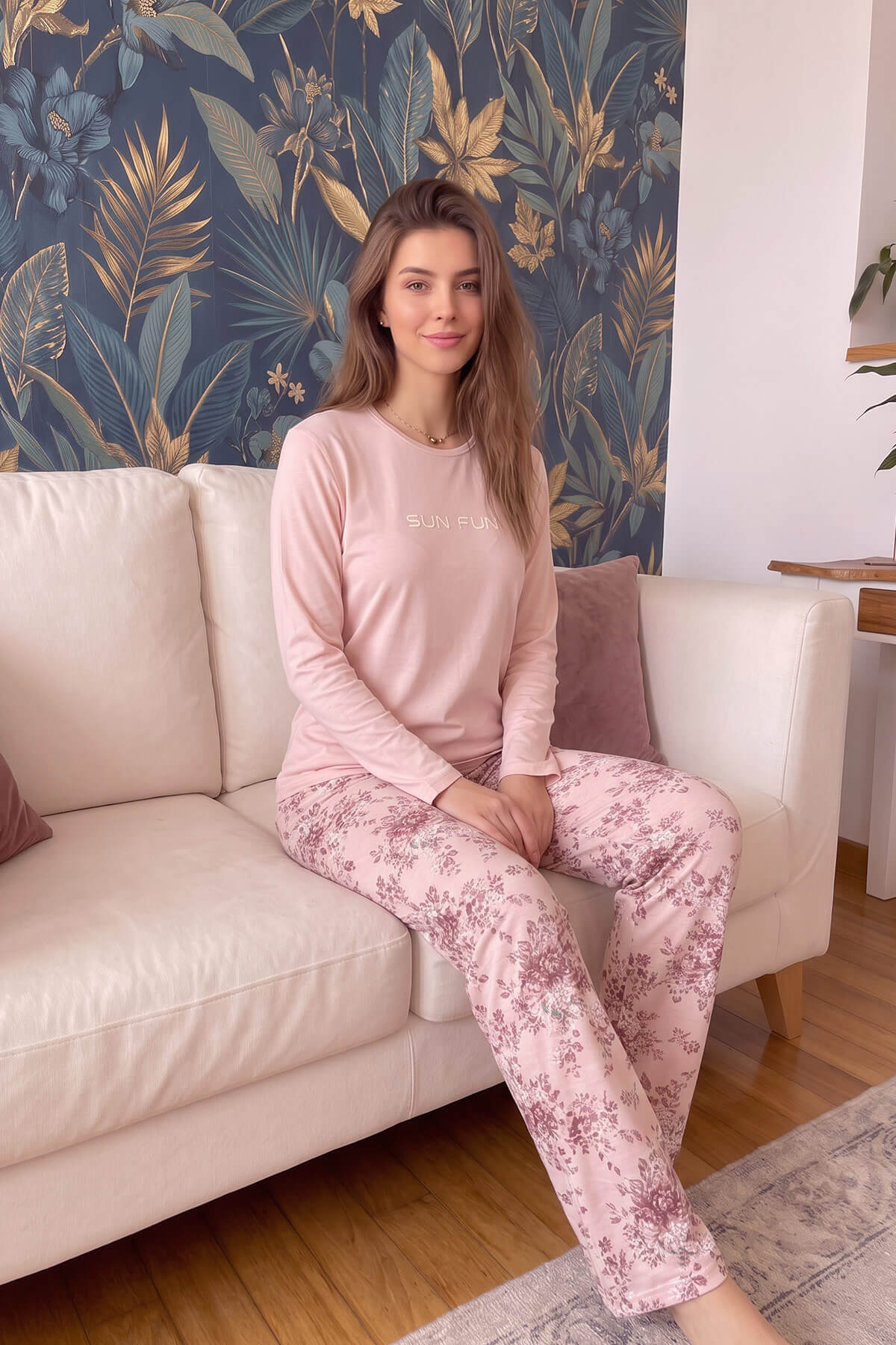Mercan Sun Desenli Uzun Kollu Bambu Örme Kadın Pijama Takımı - Pijamaevi (1)