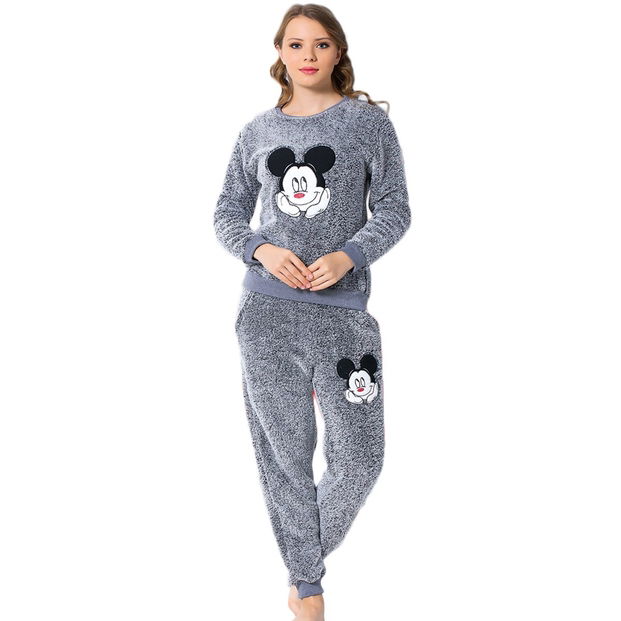 Mickey Mouse Desenli Tam Peluş Pijama Takımı - 1