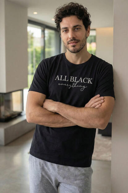 Midnight All Black Baskılı Kısa Kollu Cotton Erkek Pijama Takımı - 2