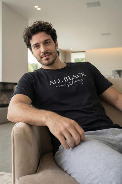 Midnight All Black Baskılı Kısa Kollu Cotton Erkek Pijama Takımı - 4