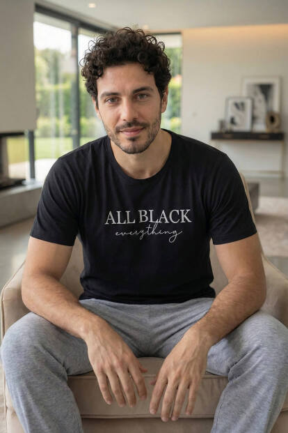 Midnight All Black Baskılı Kısa Kollu Cotton Erkek Pijama Takımı - 5