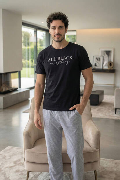 Midnight All Black Baskılı Kısa Kollu Cotton Erkek Pijama Takımı - 7
