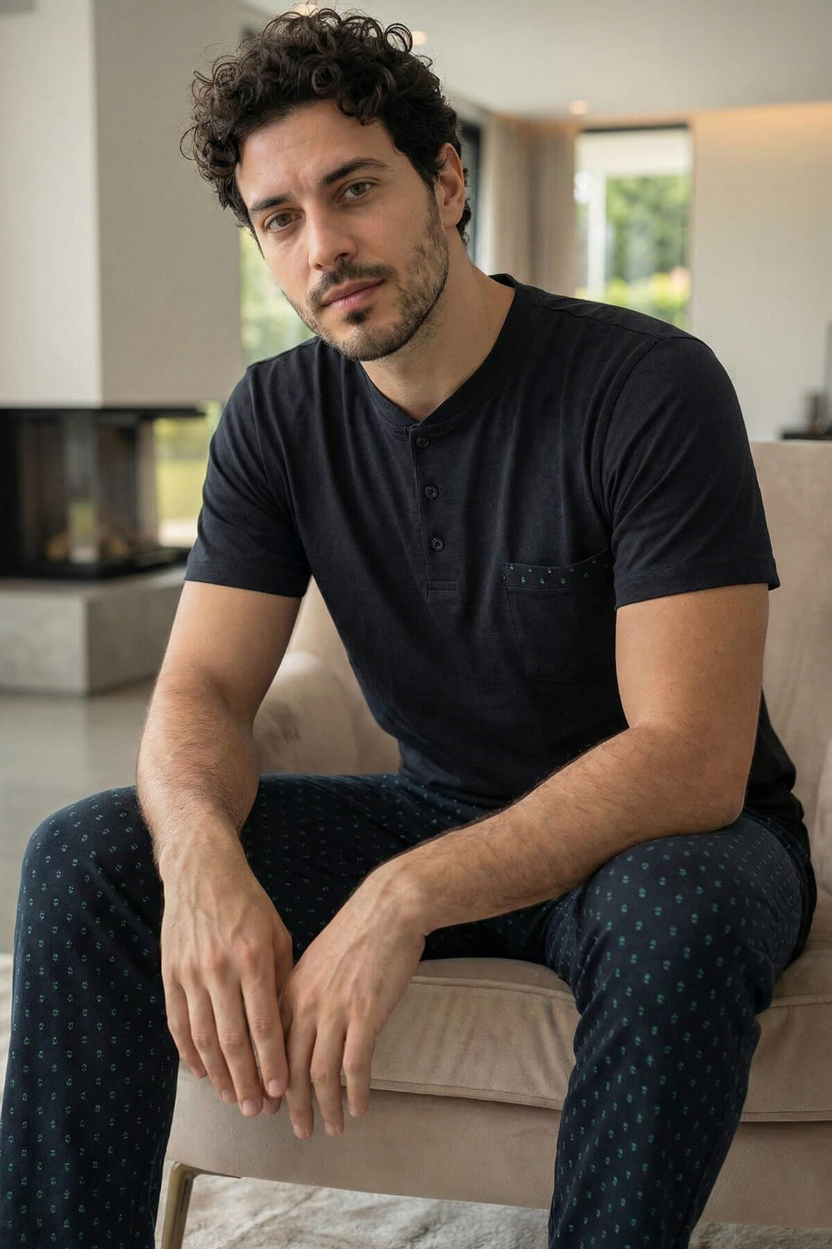 Midnight Black Kısa Kollu Cep Detaylı Elegant Erkek Pijama Takımı - Pijamaevi