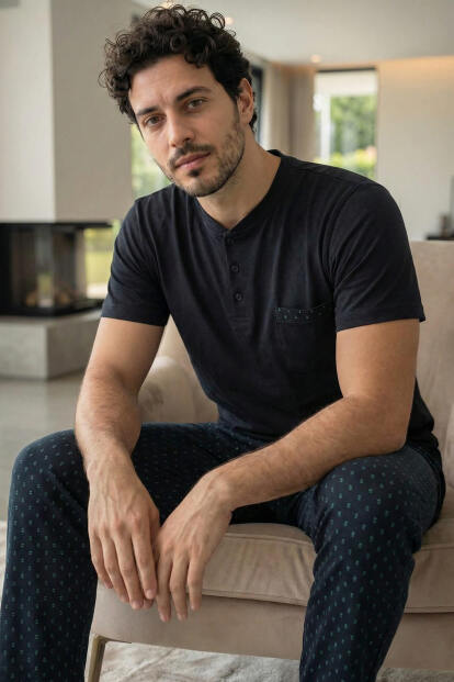 Midnight Black Kısa Kollu Cep Detaylı Elegant Erkek Pijama Takımı 