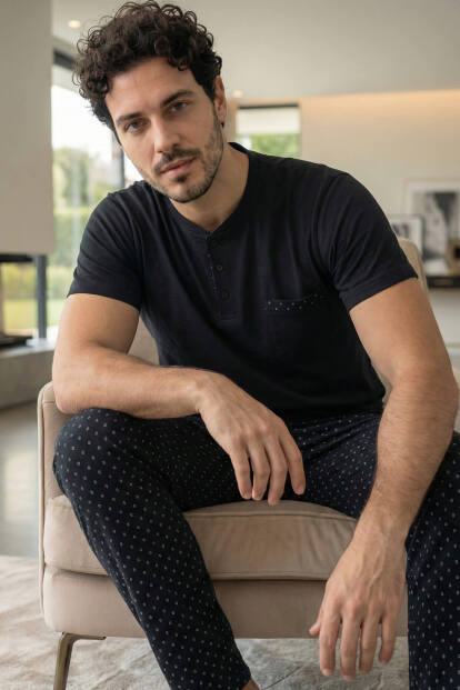 Midnight Black Kısa Kollu Cep Detaylı Elegant Erkek Pijama Takımı - 2