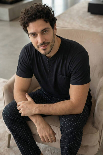 Midnight Black Kısa Kollu Cep Detaylı Elegant Erkek Pijama Takımı - 3