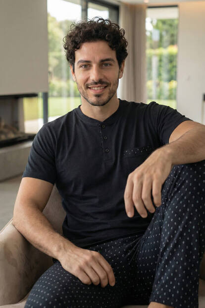 Midnight Black Kısa Kollu Cep Detaylı Elegant Erkek Pijama Takımı - 5